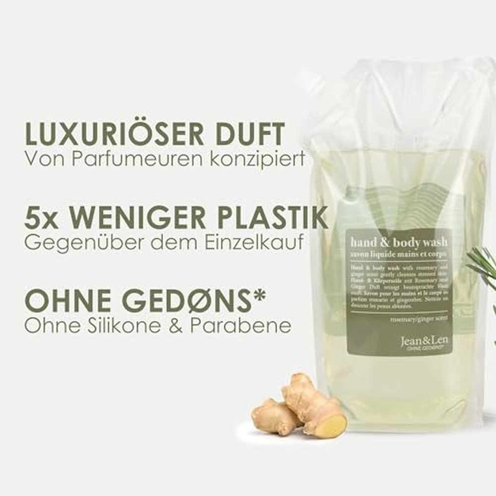 Jean & Len - Hand & Body Wash Rosemary und Ginger im Nachfüllbeutel 1,5 L