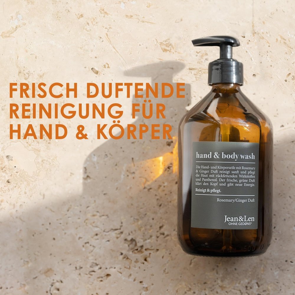 Jean & Len - Hand & Body Wash, Rosemary und Ginger, Glasflasche 500 ml