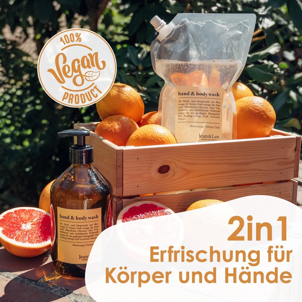 Jean & Len - Hand & Body Wash, Blutorange & Vetiver, Flüssigseife im Nachfüllpack 1,5L
