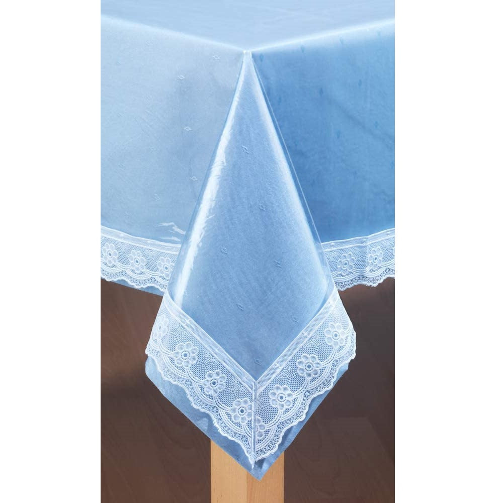 Tischdecke Schutzdecke mit weißer Spitze, Tischschutz, transparent, glasklar