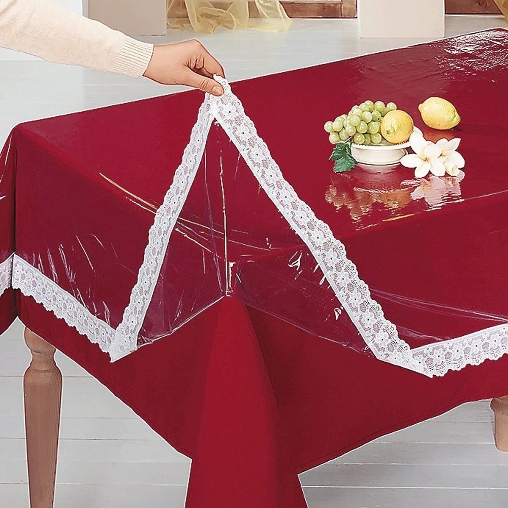 Tischdecke Schutzdecke mit weißer Spitze, Tischschutz, transparent, glasklar
