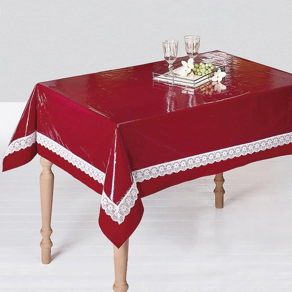 Tischdecke Schutzdecke mit weißer Spitze, Tischschutz, transparent, glasklar