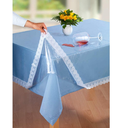 Tischdecke Schutzdecke mit weißer Spitze, Tischschutz, transparent, glasklar