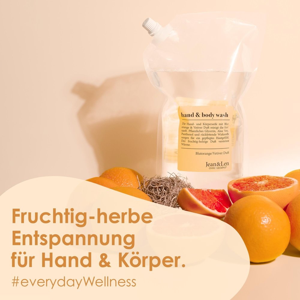 Jean & Len - Hand & Body Wash, Blutorange & Vetiver, Flüssigseife im Nachfüllpack 1,5L