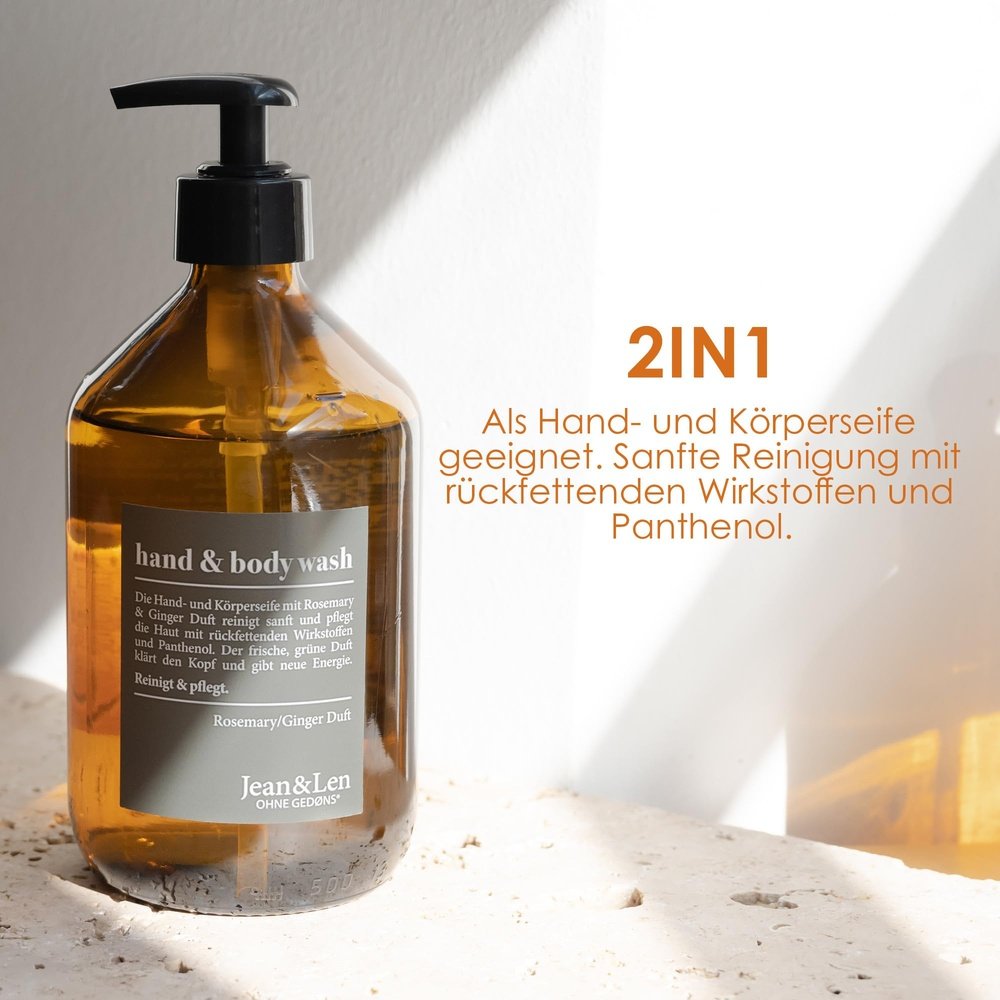 Jean & Len - Hand & Body Wash, Rosemary und Ginger, Glasflasche 500 ml